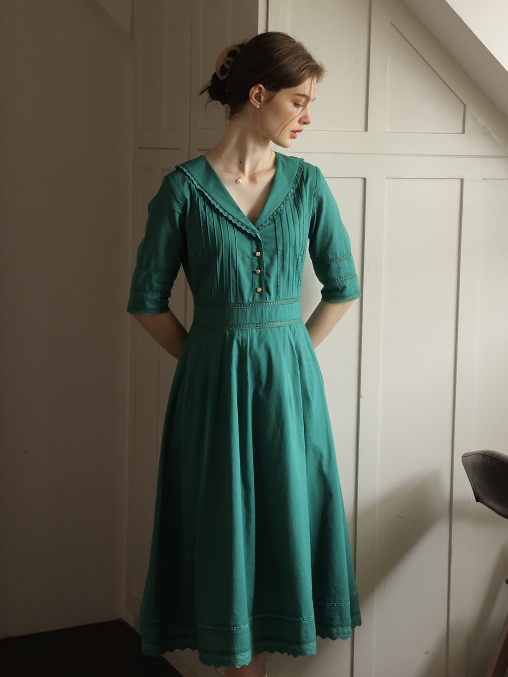 Simple Retro FIONA 100% COTTON EMERALD GREEN MIDI DRESS